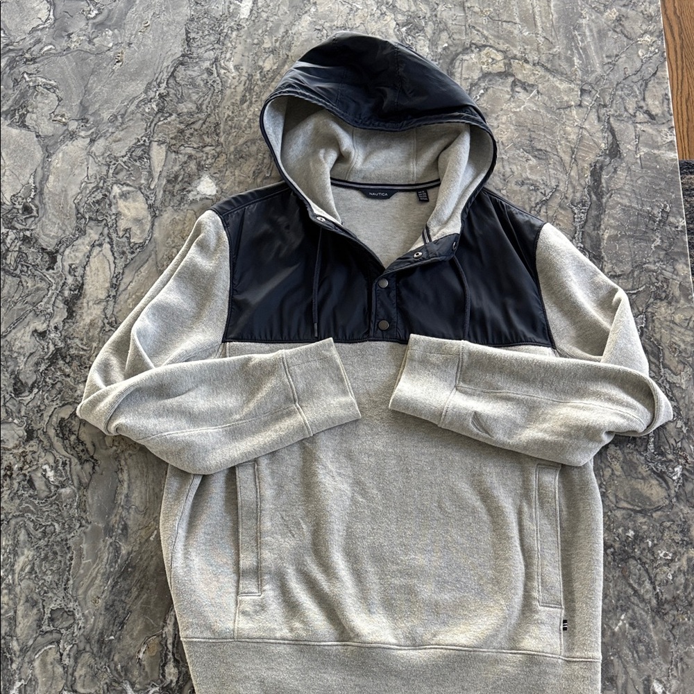 Nautica Gray and Navy Hooded 3/4 Button Hoodie Sweatshirt Mens XL